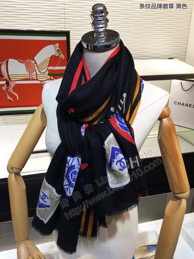 CHANEL圍巾 秋冬新款 條紋品牌徽章 香奈兒頂級純山羊絨女圍巾  llwj6742